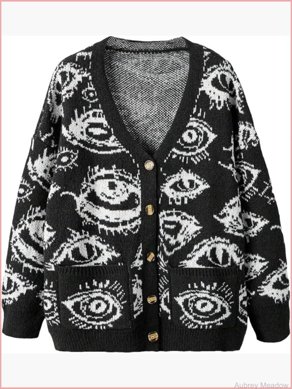 Oversized Graphic Button Down V Neck Drop Shoulder Long Sleeve Cardigan